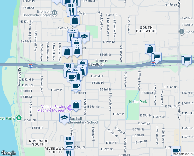 map of restaurants, bars, coffee shops, grocery stores, and more near 1445 East 52nd Street in Tulsa