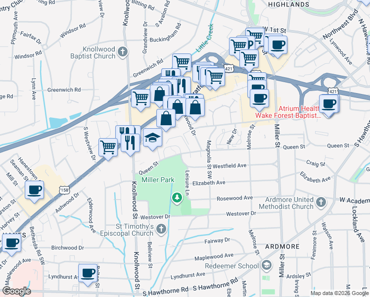 map of restaurants, bars, coffee shops, grocery stores, and more near 2507 Miller Park Circle in Winston-Salem