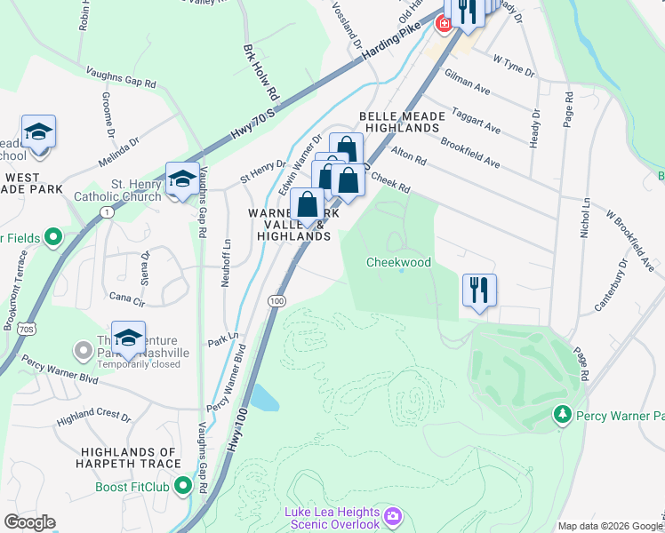 map of restaurants, bars, coffee shops, grocery stores, and more near 120 Cheekwood Terrace in Nashville