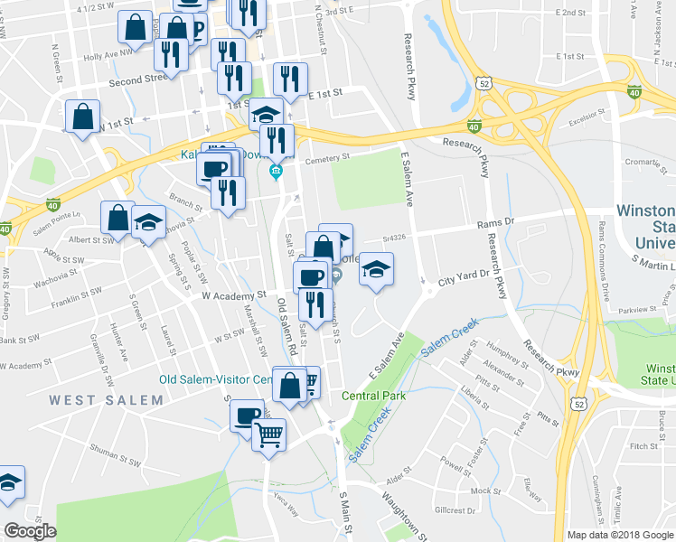 map of restaurants, bars, coffee shops, grocery stores, and more near 529 S Church St in Winston-Salem