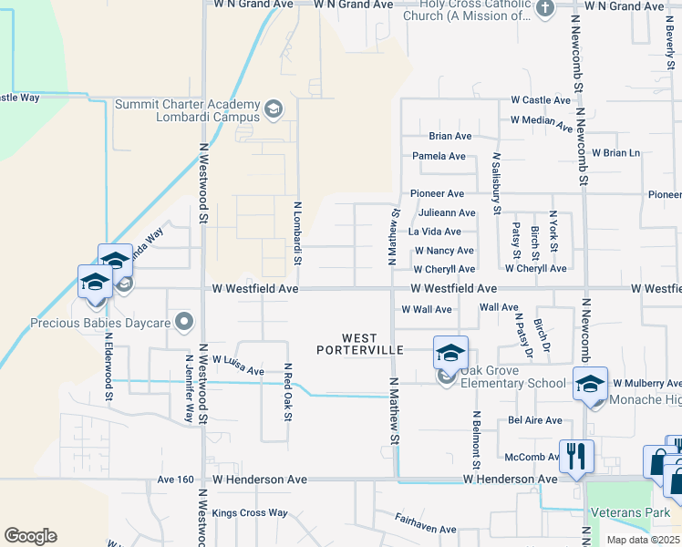 map of restaurants, bars, coffee shops, grocery stores, and more near 2099 West Cheryll Court in Porterville