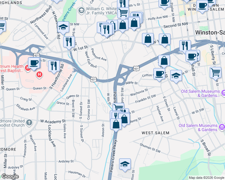 map of restaurants, bars, coffee shops, grocery stores, and more near 304 Gregory Street Southwest in Winston-Salem