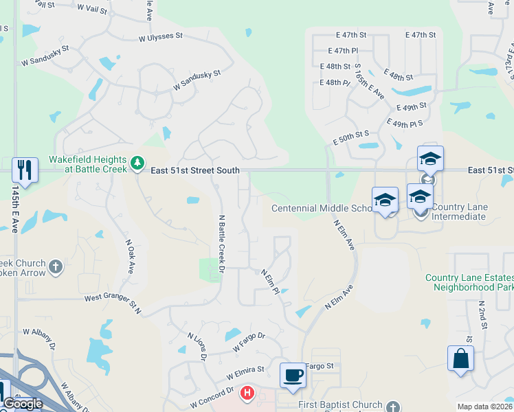 map of restaurants, bars, coffee shops, grocery stores, and more near 3427 North Elm Place in Broken Arrow