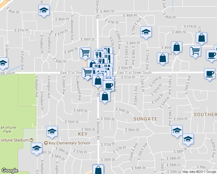 map of restaurants, bars, coffee shops, grocery stores, and more near 6530 East 51st Street in Tulsa