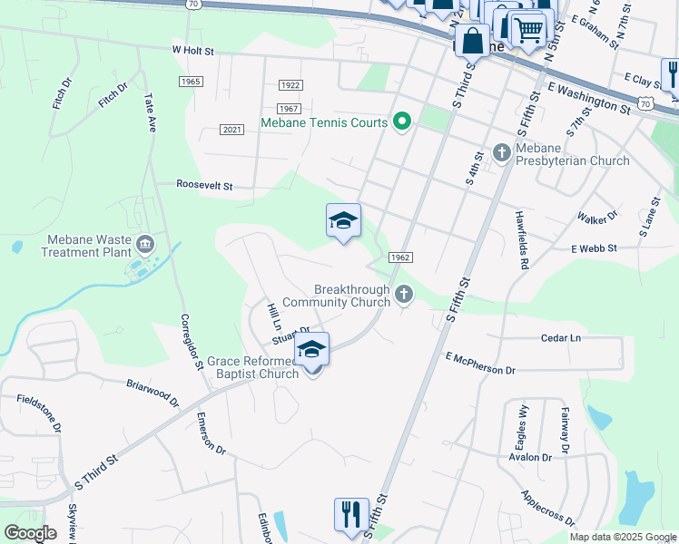 map of restaurants, bars, coffee shops, grocery stores, and more near 221 Fair Oaks Court in Mebane