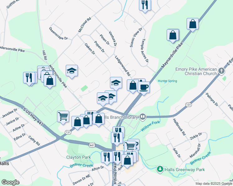 map of restaurants, bars, coffee shops, grocery stores, and more near 7411 Ledgerwood Road in Knoxville