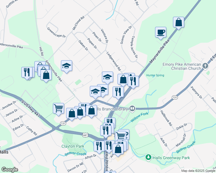 map of restaurants, bars, coffee shops, grocery stores, and more near 7411 Ledgerwood Road in Knoxville