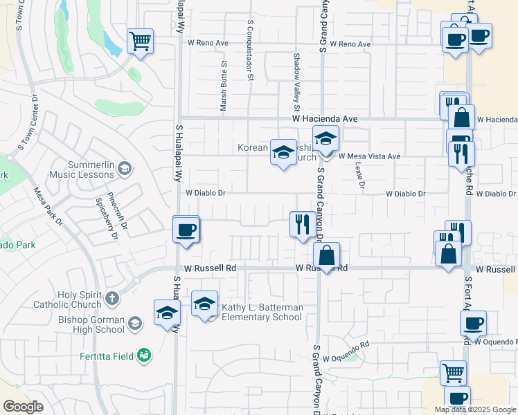 map of restaurants, bars, coffee shops, grocery stores, and more near 5536 Spruce Hill Court in Las Vegas