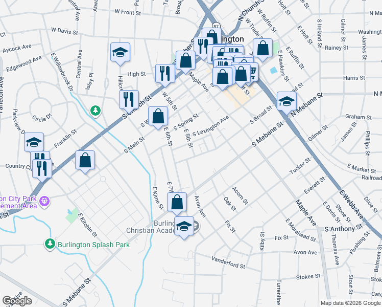 map of restaurants, bars, coffee shops, grocery stores, and more near 317 West 5th Street in Burlington