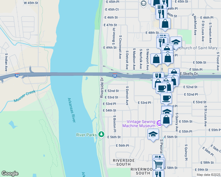 map of restaurants, bars, coffee shops, grocery stores, and more near 28 East 51st Place in Tulsa