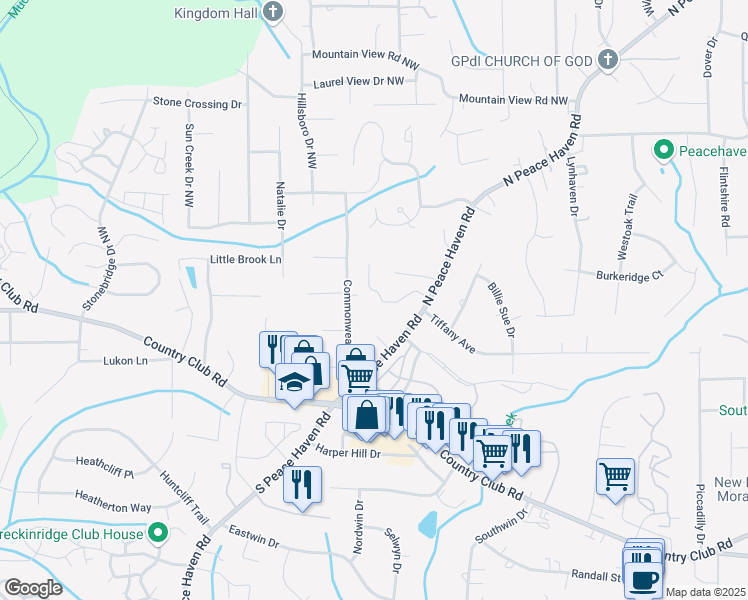 map of restaurants, bars, coffee shops, grocery stores, and more near 126 Pebble Ridge Lane in Winston-Salem