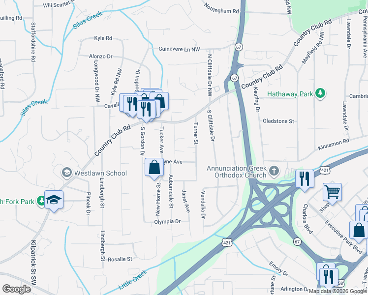 map of restaurants, bars, coffee shops, grocery stores, and more near 3820 Country Club Road in Winston-Salem