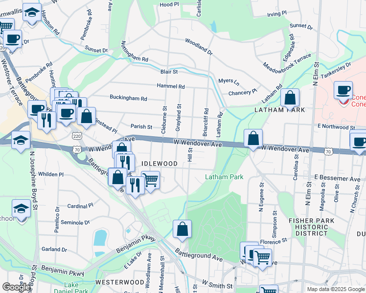 map of restaurants, bars, coffee shops, grocery stores, and more near 901 U.S. 220 in Greensboro