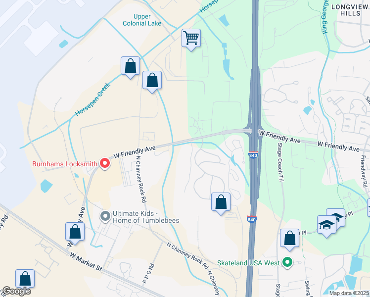 map of restaurants, bars, coffee shops, grocery stores, and more near 7121 West Friendly Avenue in Greensboro