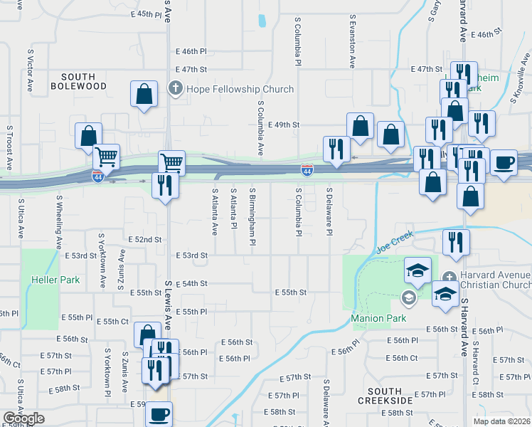 map of restaurants, bars, coffee shops, grocery stores, and more near 5134 South Columbia Avenue in Tulsa