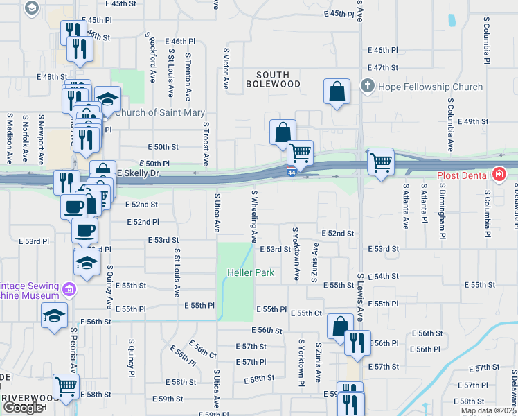 map of restaurants, bars, coffee shops, grocery stores, and more near 5131 South Wheeling Avenue in Tulsa