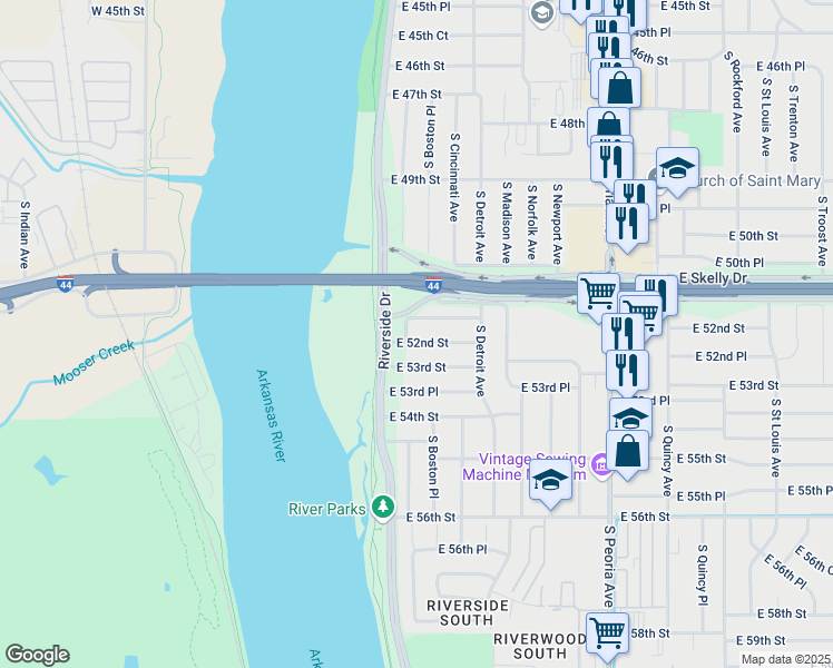 map of restaurants, bars, coffee shops, grocery stores, and more near 28 East 51st Place in Tulsa