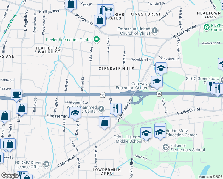 map of restaurants, bars, coffee shops, grocery stores, and more near 3900 Oak Grove Avenue in Greensboro