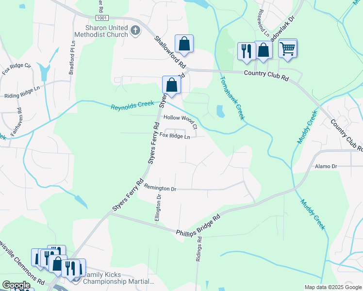 map of restaurants, bars, coffee shops, grocery stores, and more near 5922 Fox Ridge Lane in Winston-Salem