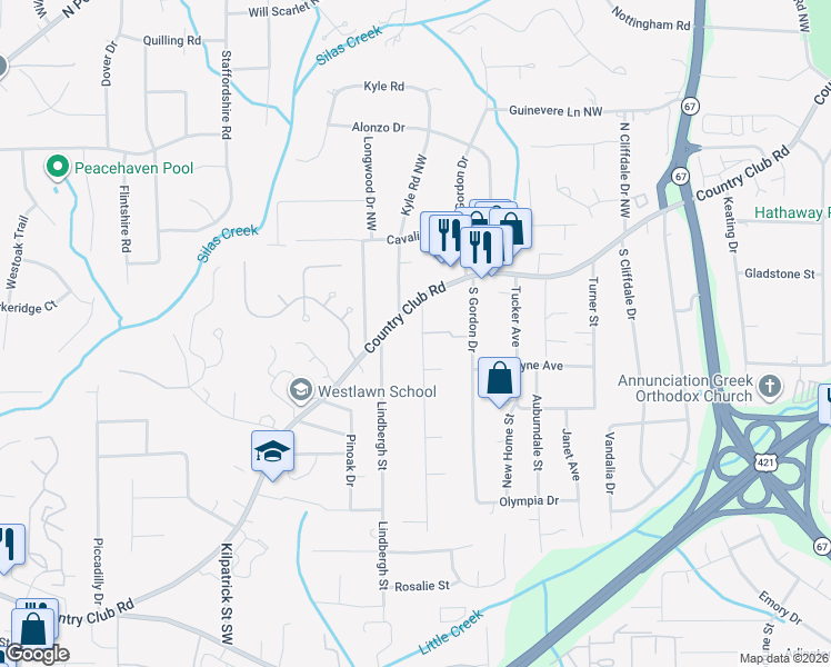 map of restaurants, bars, coffee shops, grocery stores, and more near 4112 Country Club Road in Winston-Salem