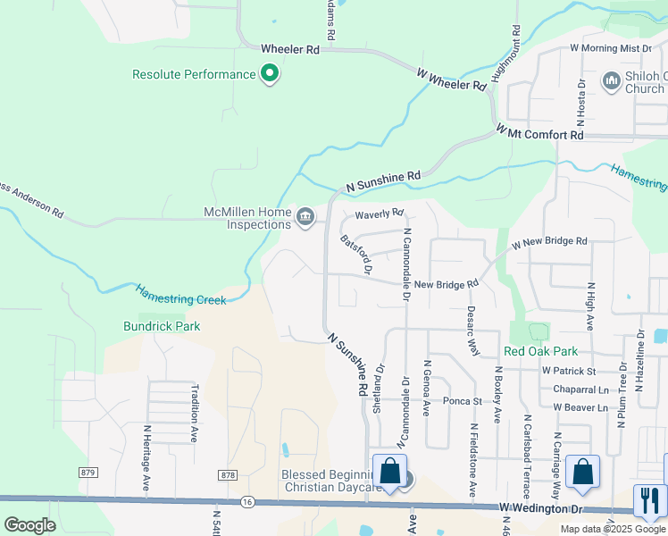 map of restaurants, bars, coffee shops, grocery stores, and more near 5174 West New Bridge Road in Fayetteville