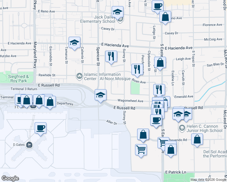 map of restaurants, bars, coffee shops, grocery stores, and more near 5594 Chestnut Street in Las Vegas