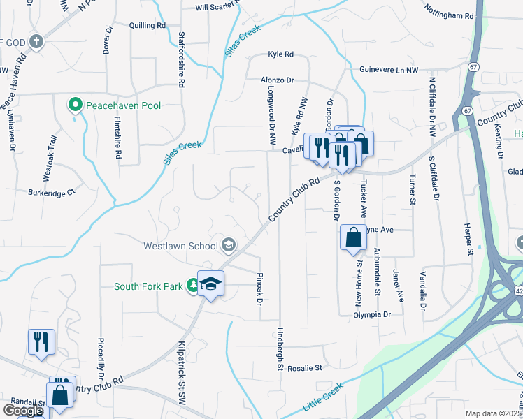 map of restaurants, bars, coffee shops, grocery stores, and more near 145 Coventry Park Lane in Winston-Salem