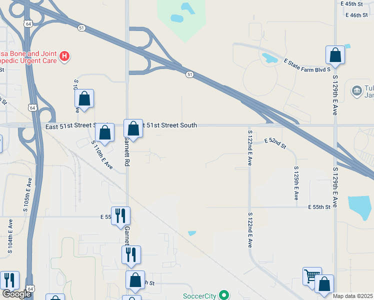 map of restaurants, bars, coffee shops, grocery stores, and more near in Tulsa