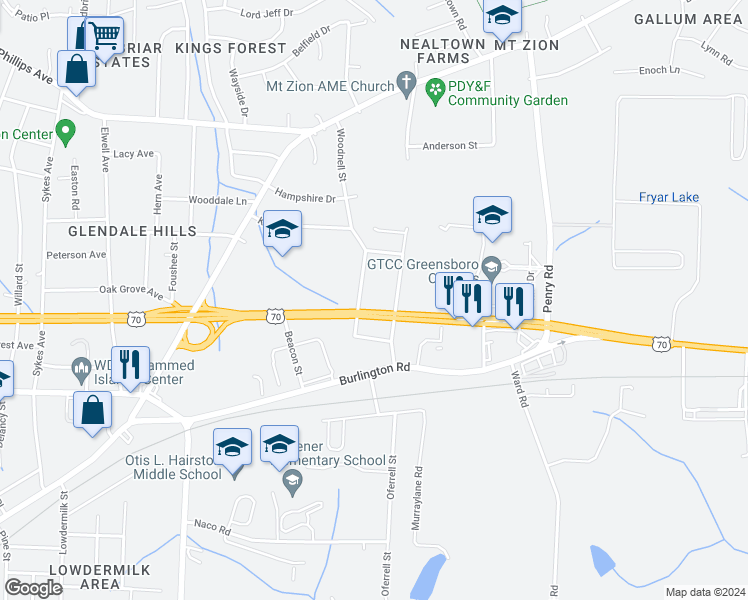 map of restaurants, bars, coffee shops, grocery stores, and more near 210 Woodnell Street in Greensboro