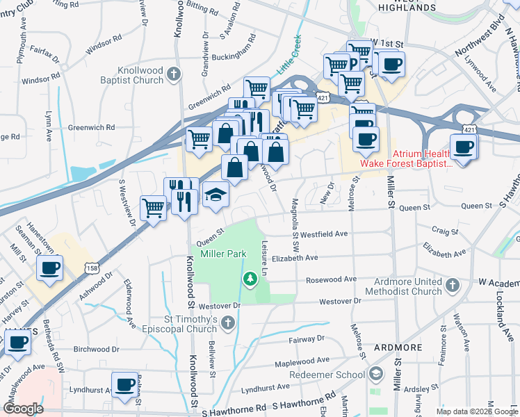 map of restaurants, bars, coffee shops, grocery stores, and more near 236 Oakwood Court in Winston-Salem