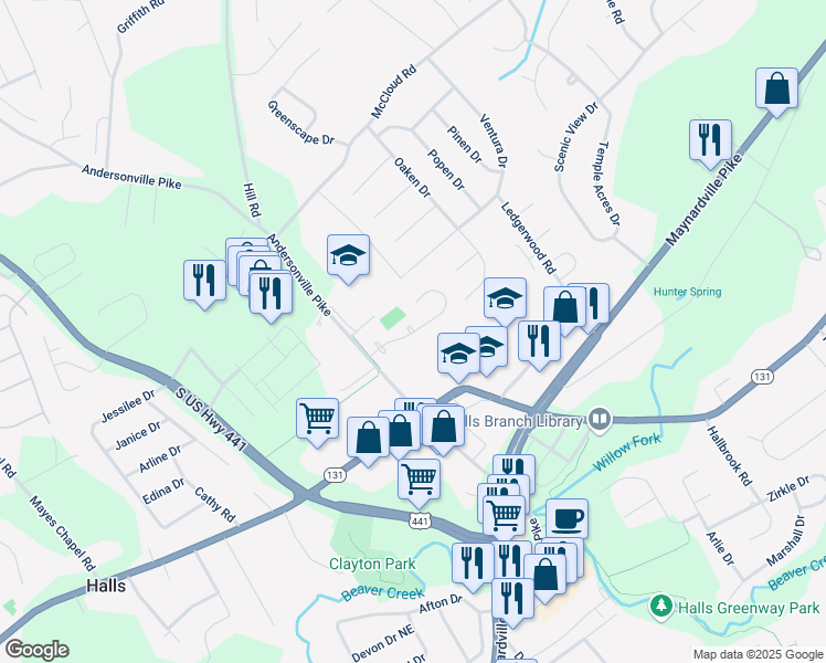 map of restaurants, bars, coffee shops, grocery stores, and more near 4371 Northgate Drive in Knoxville