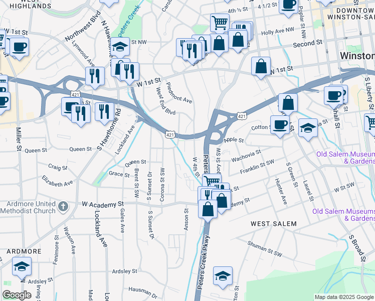 map of restaurants, bars, coffee shops, grocery stores, and more near 1412 West 4th Street in Winston-Salem