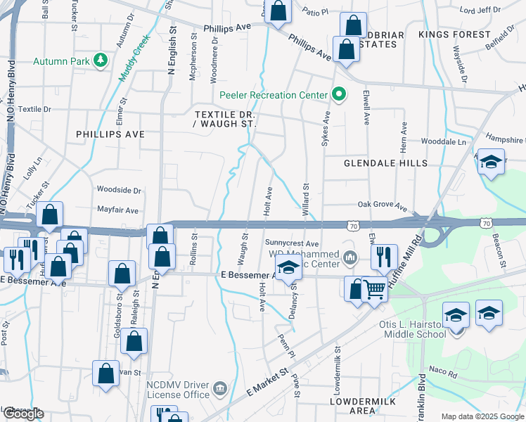 map of restaurants, bars, coffee shops, grocery stores, and more near 807 Holt Avenue in Greensboro