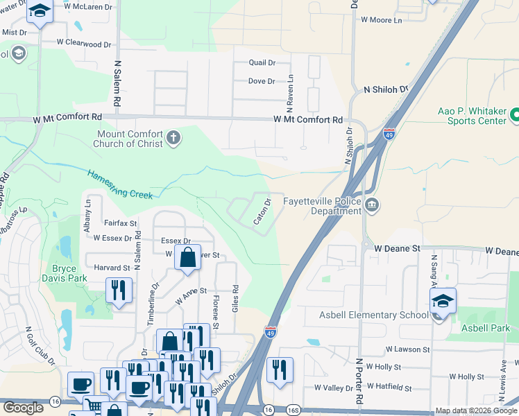 map of restaurants, bars, coffee shops, grocery stores, and more near 2854 Wildwood Drive in Fayetteville
