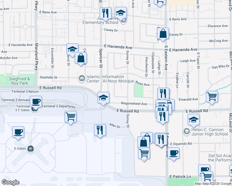 map of restaurants, bars, coffee shops, grocery stores, and more near 5594 Chestnut Street in Las Vegas