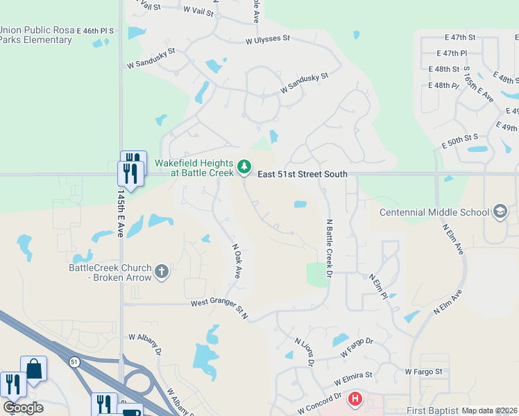 map of restaurants, bars, coffee shops, grocery stores, and more near 3609 North Narcissus Avenue in Broken Arrow