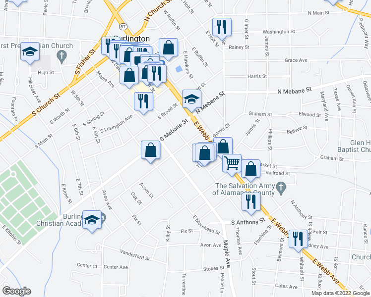 map of restaurants, bars, coffee shops, grocery stores, and more near 603 East Davis Street in Burlington