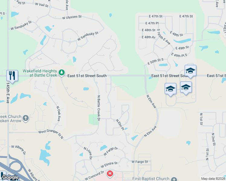 map of restaurants, bars, coffee shops, grocery stores, and more near 3427 North Elm Place in Broken Arrow