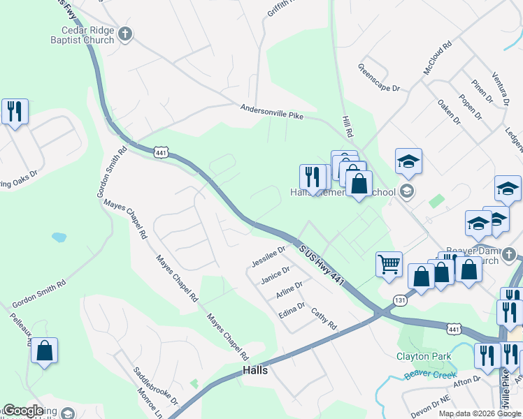 map of restaurants, bars, coffee shops, grocery stores, and more near 3729 Whitworth Drive in Knoxville