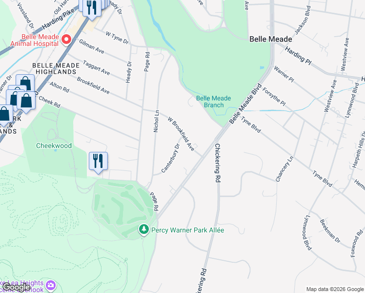 map of restaurants, bars, coffee shops, grocery stores, and more near 415 West Brookfield Avenue in Nashville