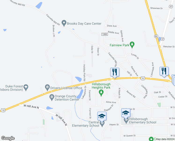 map of restaurants, bars, coffee shops, grocery stores, and more near 201 Holiday Park Road in Hillsborough