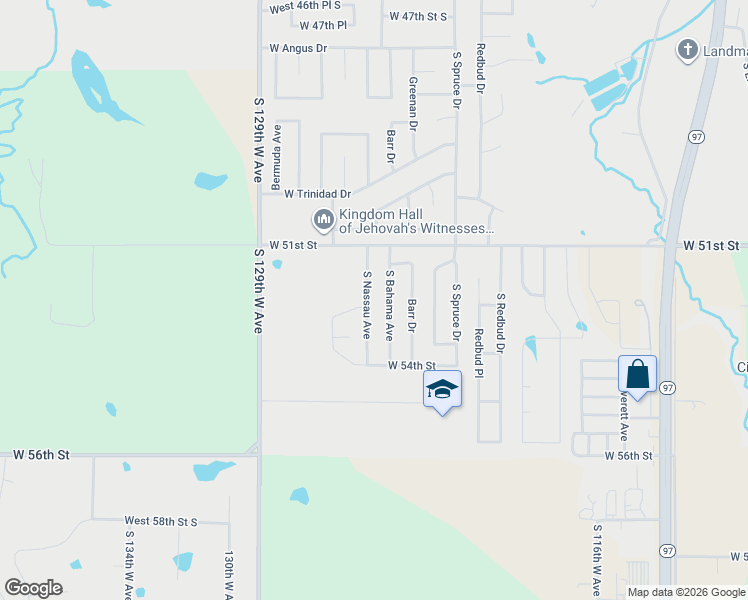 map of restaurants, bars, coffee shops, grocery stores, and more near 5205 South Nassau Avenue in Sand Springs