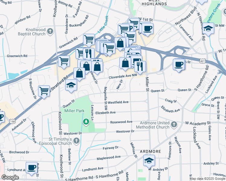 map of restaurants, bars, coffee shops, grocery stores, and more near 2353 Queen Street in Winston-Salem