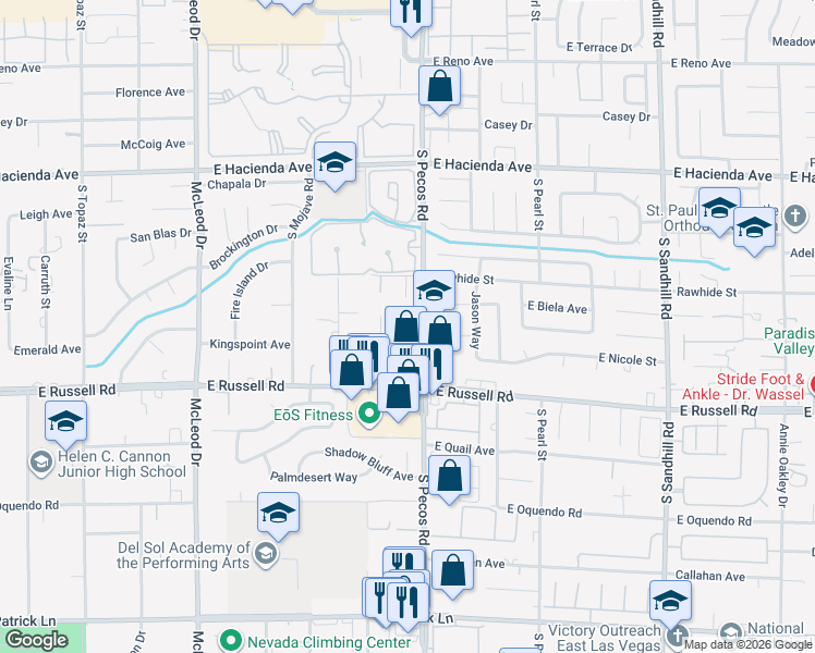 map of restaurants, bars, coffee shops, grocery stores, and more near 5599 South Pecos Road in Las Vegas