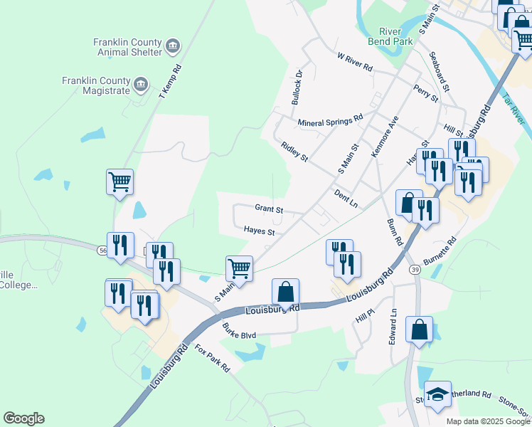 map of restaurants, bars, coffee shops, grocery stores, and more near 119 Grant Street in Louisburg