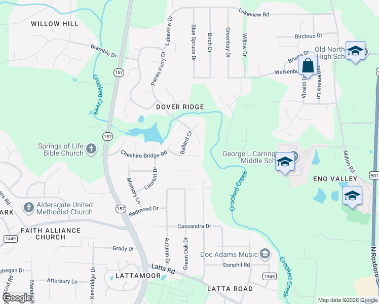 map of restaurants, bars, coffee shops, grocery stores, and more near 6 Ballard Court in Durham