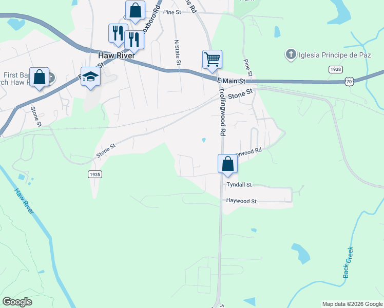 map of restaurants, bars, coffee shops, grocery stores, and more near 257 Thad Drive in Haw River