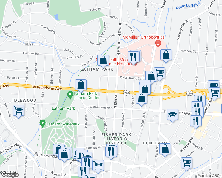 map of restaurants, bars, coffee shops, grocery stores, and more near in Greensboro
