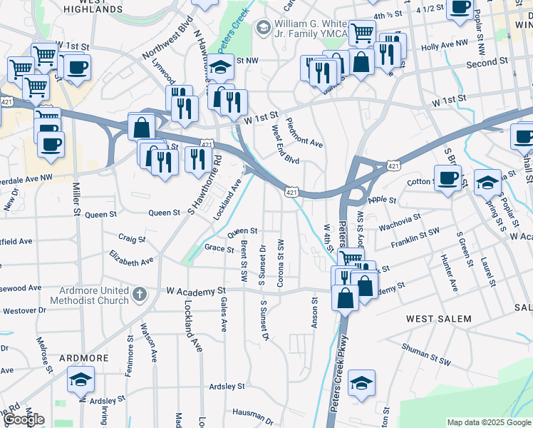 map of restaurants, bars, coffee shops, grocery stores, and more near in Winston-Salem