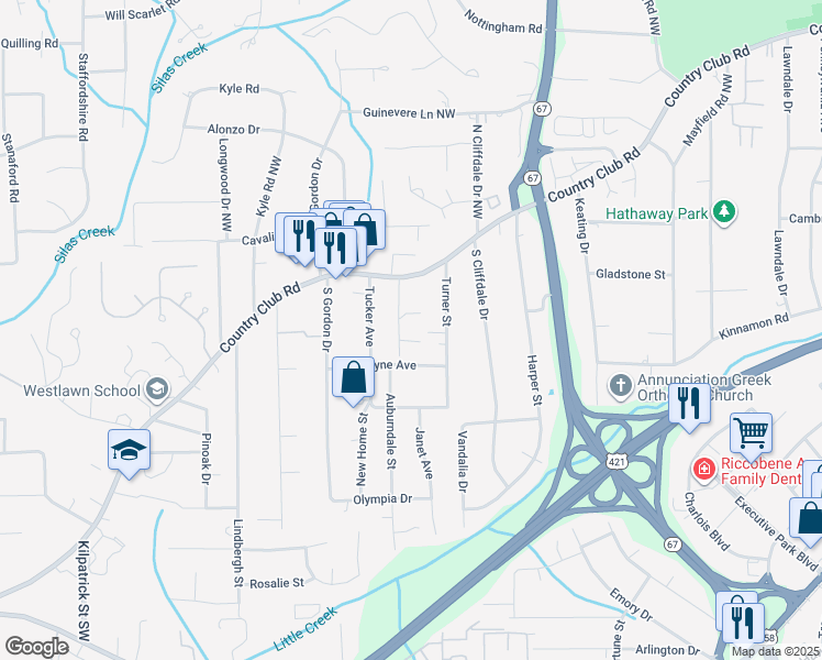 map of restaurants, bars, coffee shops, grocery stores, and more near 3820 Country Club Road in Winston-Salem